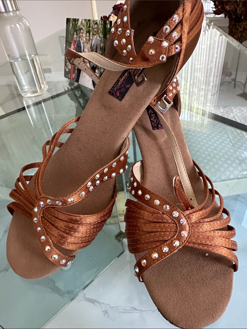 Copper Satin Rhinestone Strappy Heels - Picture 2 of 3